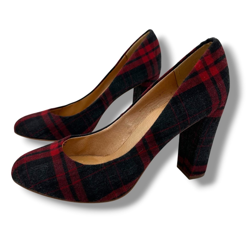 J.Crew Red Black Tartan Plaid Wool Block Heel Pumps Womens Size 9 Round Toe
